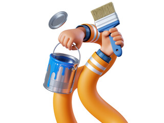 3d render, flexible cartoon caucasian human hands hold bucket with blue paint and brush. Professional painter with equipment. Construction or renovation service clip art © NeoLeo