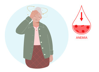 Elderly woman suffers from anemia and dizziness. Low hemoglobin. Concept of health protection.