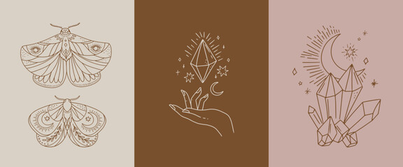Set of 3 mystical posters in vector line art style. Feminine Celestial moths, hand with crystal, crystals with moon crescent. Esoteric vector line art.