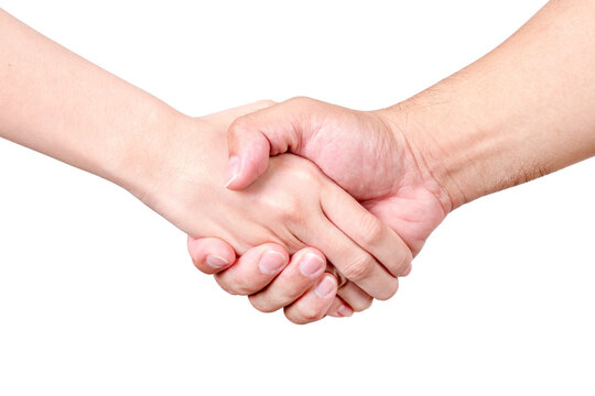 A man and woman shaking hands in agreement, with clasped hands.
