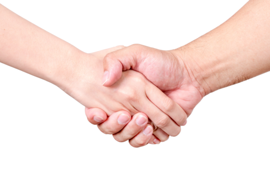 A man and woman shaking hands in agreement, with clasped hands.