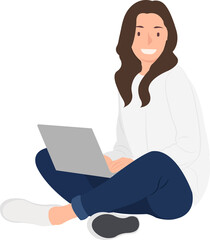 Cartoon daily life people female character woman sitting cross legged with laptop