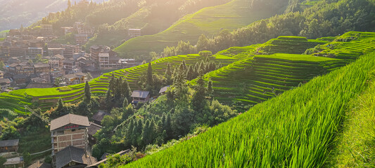 Top view of the houses on the slopes. Sun-drenched terraced fields. China. Picturesque landscape. Panorama.