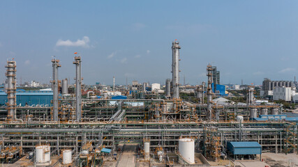 Aerial view chemical plant process area petroleum petorchemical product, Chemical industry plant in refinery with pipes and machine, Petrochemical industrial plant.
