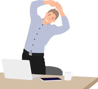 Cartoon daily life people male character man taking a break and stretching by office desk