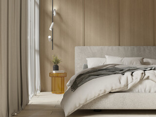 Modern minimalistic bedroom interior with empty wooden wall , mock up , 3d rendering