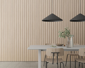 Modern minimalistic scandinavian interior , dining room with empty wooden wall , mock up , 3d rendering