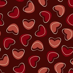 Heart seamless pattern. Romantic background in dark red  colors. Red and pink falling hearts with white outline.