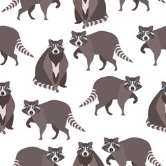 Seamless pattern of an animal raccoon standing and sitting on a white background.Vector pattern can be used in children's textiles, packages, postcards.