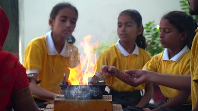 Sikar, Rajasthan, India -Sep 2022: Offerings in Havan Puja. Havan ceremony in hindu culture. Homa it also known as havan. this is a Sanskrit word, this is a part of worshipping to the God.