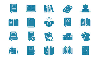 Book and literature icon pack in glyph style. Suitable for design element of education app, ebook, and audiobook learning literature program symbol.