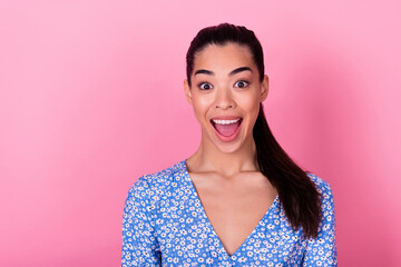 Photo of celebrate brunette tail hairdo lady open mouth wear floral blouse isolated on pink color background