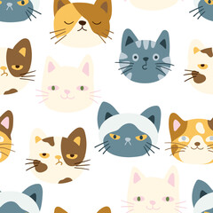 Cute colorful cats heads, kitten faces, vector seamless pattern. Funny kitty pet animal cartoon characters with emotions, texture for fabric, wallpaper, wrapping paper, textile, bedding, t-shirt print