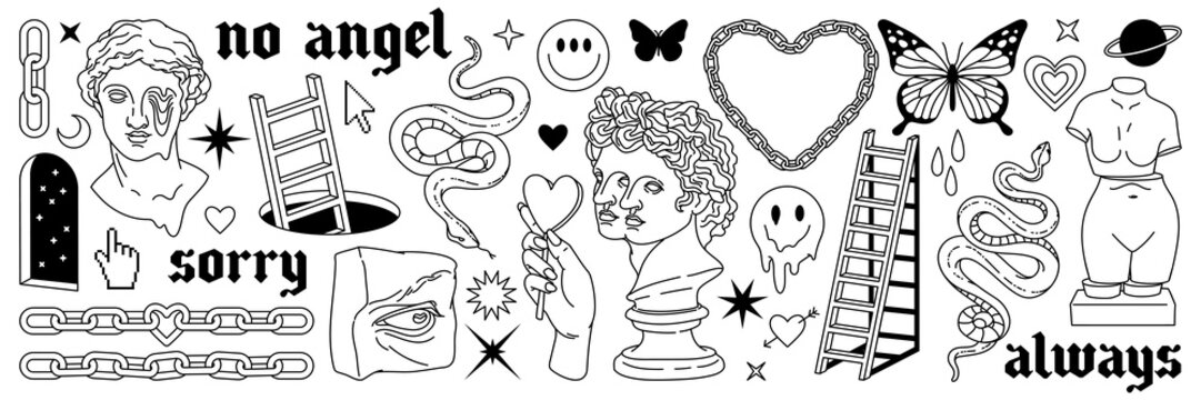 Tattoo art 1990s, 2000s. Y2k stickers. Butterfly, barbed wire, fire, flame, chain, heart and other elements in trendy psychedelic style. Vector hand drawn tattoo print. Black and white colors.
