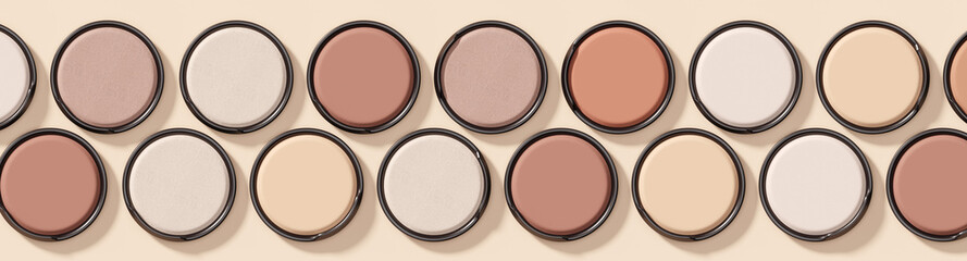 Closeup Eye shadow shade palette set collection slide on top view color background. Packaging for cream, gel, serum, advertising and product promotion. 3D Render.