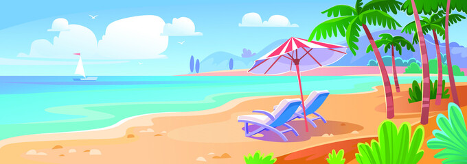 Lounge chairs with umbrellas on a sandy beach. Landscape view of the ocean, island with mountains, waves, sailing boat on the horizon.Destination for holiday vacation.Cartoon style vector illustration