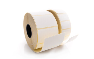 Barcode sticker roll isolated on white background. Blank adhesive empty labels on bobbin. Paper...