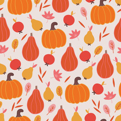Autumn seamless pattern with apples, pears, leaves, pumpkins. Vector illustration