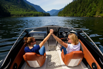 Fototapeta na wymiar Females on vacation enjoying their speedboat trip Vancouver