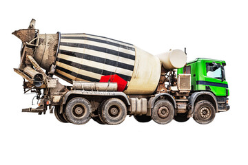 Concrete mixer truck isolated on white background. Loading concrete mixer truck. close-up. Delivery of concrete to the construction site. Monolithic concrete works.