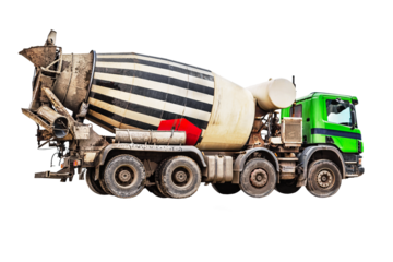 Concrete mixer truck isolated on white background. Loading concrete mixer truck. close-up. Delivery of concrete to the construction site. Monolithic concrete works.