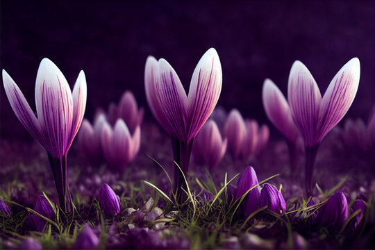 Pink Bioluminescent Crocus On Dark Background.