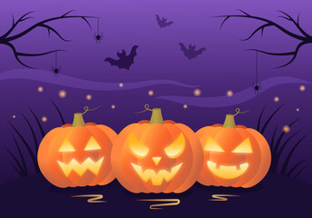 Halloween greeting card with pumpkin jack-o-lantern, bat, spider and fog. Halloween background. Vector illustration.