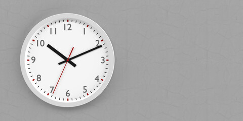 Wall clock on gray concrete wall. 3D illustration.