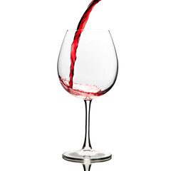 Red wine is poured into a glass goblet on a white background.