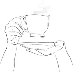 a cup of coffee or tea in hands. Banner for a coffee shop. Invitation for a coffee shop, subscription. 