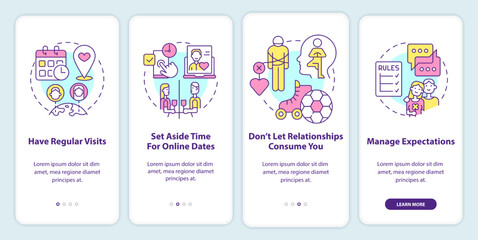 Fixing long-distance relationship onboarding mobile app screen. Visits walkthrough 4 steps editable graphic instructions with linear concepts. UI, UX, GUI template. Myriad Pro-Bold, Regular fonts used