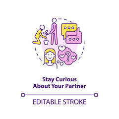 Naklejka premium Stay curious about partner concept icon. Improve relationship tip abstract idea thin line illustration. Exchange stories. Isolated outline drawing. Editable stroke. Arial, Myriad Pro-Bold fonts used