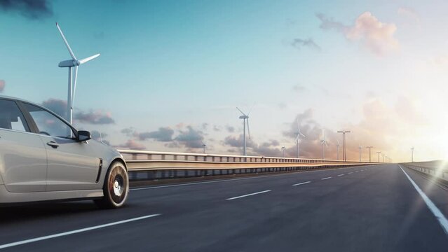 3D render of generic electric car drives on a highway with wind turbines in the background at sunset. Realistic 3d animation.