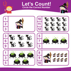 Counting worksheet for preschool and kindergarten students in Halloween theme. Teaching children how to count and match images with the number. Fun educational printable basic math for children. 