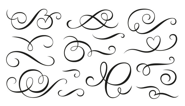 Vintage swirl ornament. Filigree calligraphic ornamental curls. Linear flourish separator set. Decorative retro elements for royal menu certificate diploma, wedding invatation card, text divider