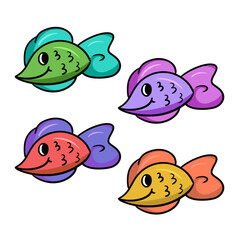 Set of colored icons, Cute fish with round fins, inhabitant of tropical seas, aquarium fish, vector cartoon