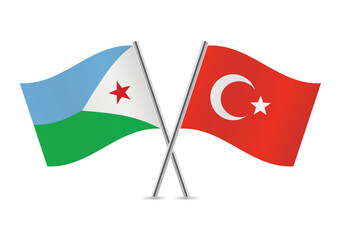 Djibouti and Turkey crossed flags. Djiboutian and Turkish flags on white background. Vector icon set. Vector illustration.