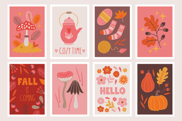 Autumn greeting cards with leaves, mushroom, teapot, socks, flowers, pumpkins