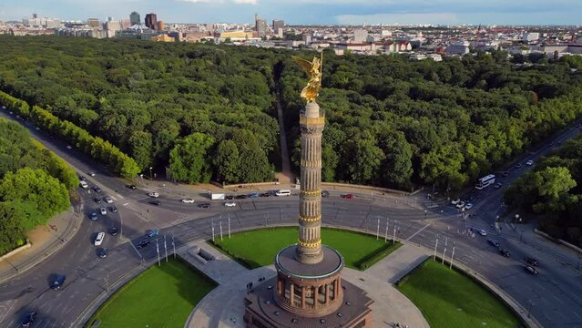 view from Tiergarten to Potsdamer Platz, Kudamm.
Stunning aerial flight panorama orbit drone of siegess&auml;ule goldelse in Berlin Germany at summer midday September 2022. Marnitz 4k Cinematic from above
