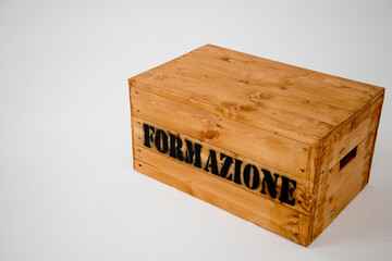 work and training, image of a wooden crate with the inscription training