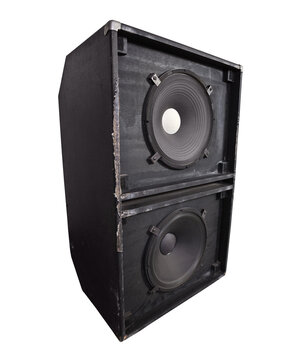 Giant thrashed bass speaker cabinet with 15 inch woofers isolated.