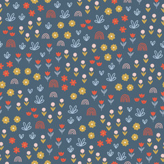 Floral seamless pattern with flowers and leaves on blue background