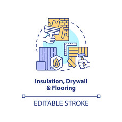 Insulation, drywall and flooring concept icon. Phase of home building abstract idea thin line illustration. Isolated outline drawing. Editable stroke. Arial, Myriad Pro-Bold fonts used