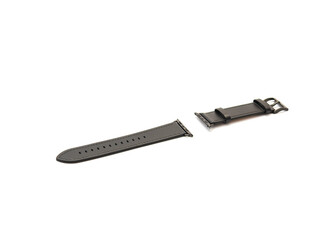 Two pieces of brand new leather band with straps for smart watch isolated on white background. Black watch band with stainless steel buckle