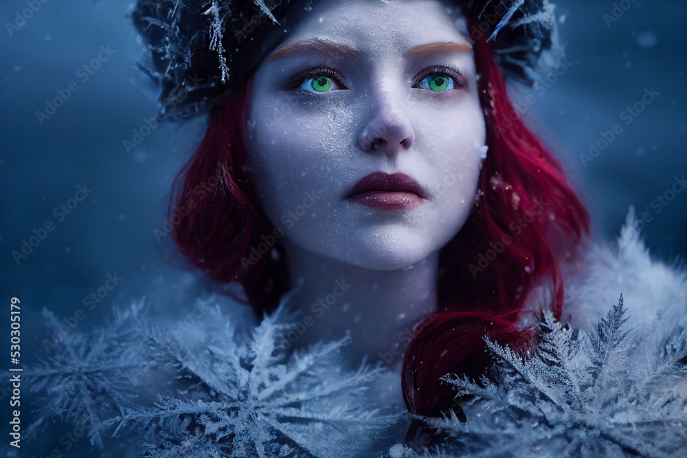 Wall mural frozen red snow queen character concept digital illustration, created with generative ai