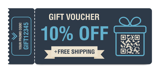 Discount coupon 10 percent off. Gift voucher with percentage marks, qr code and promo codes for website, internet ads, social media. Vector illustration - obrazy, fototapety, plakaty