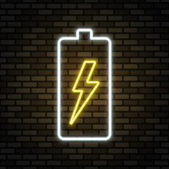 Obraz premium Charging neon icon. Neon sign in white and yellow colors on dark brick wall. Best for polygraphy, mobile apps and web design.