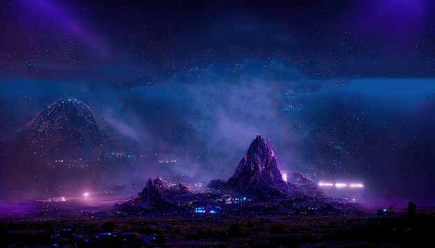 Base With Neon Illumination And Mountains On Alien Planet