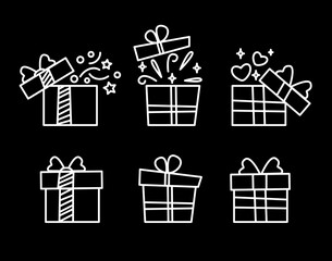 Gift box line icon set. Illustration isolated on black background for graphic and web design.