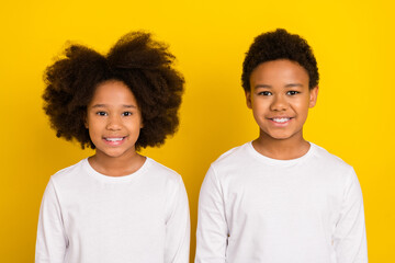 Portrait of two positive cheerful siblings toothy smile look camera isolated on yellow color background